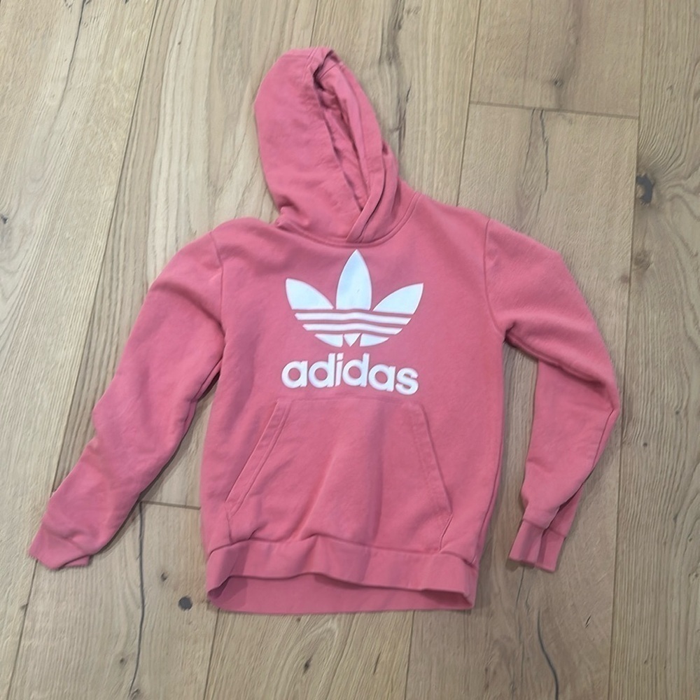 Adidas logo pink sweater hoodie girls 11/12 Y - Picture 2 of 6